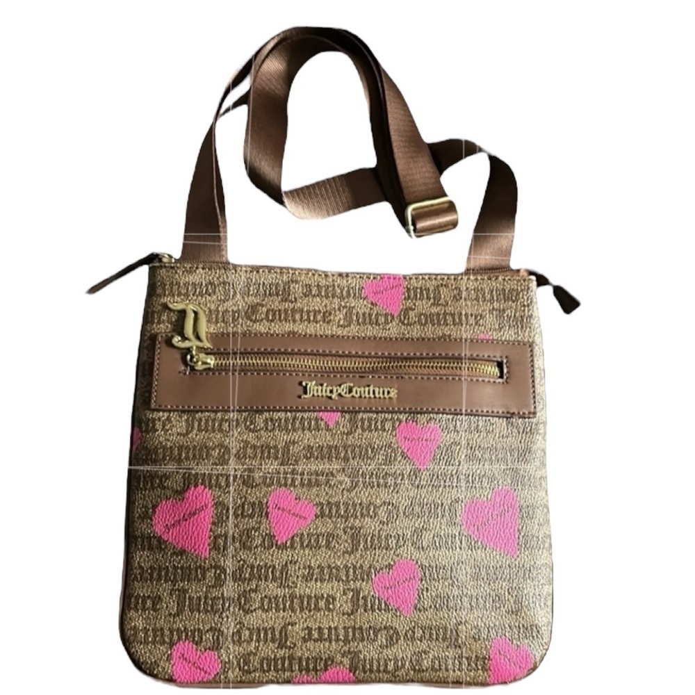 Juicy Couture Basic Love Crossbody Chestnut Brown With Pink Hearts Purse